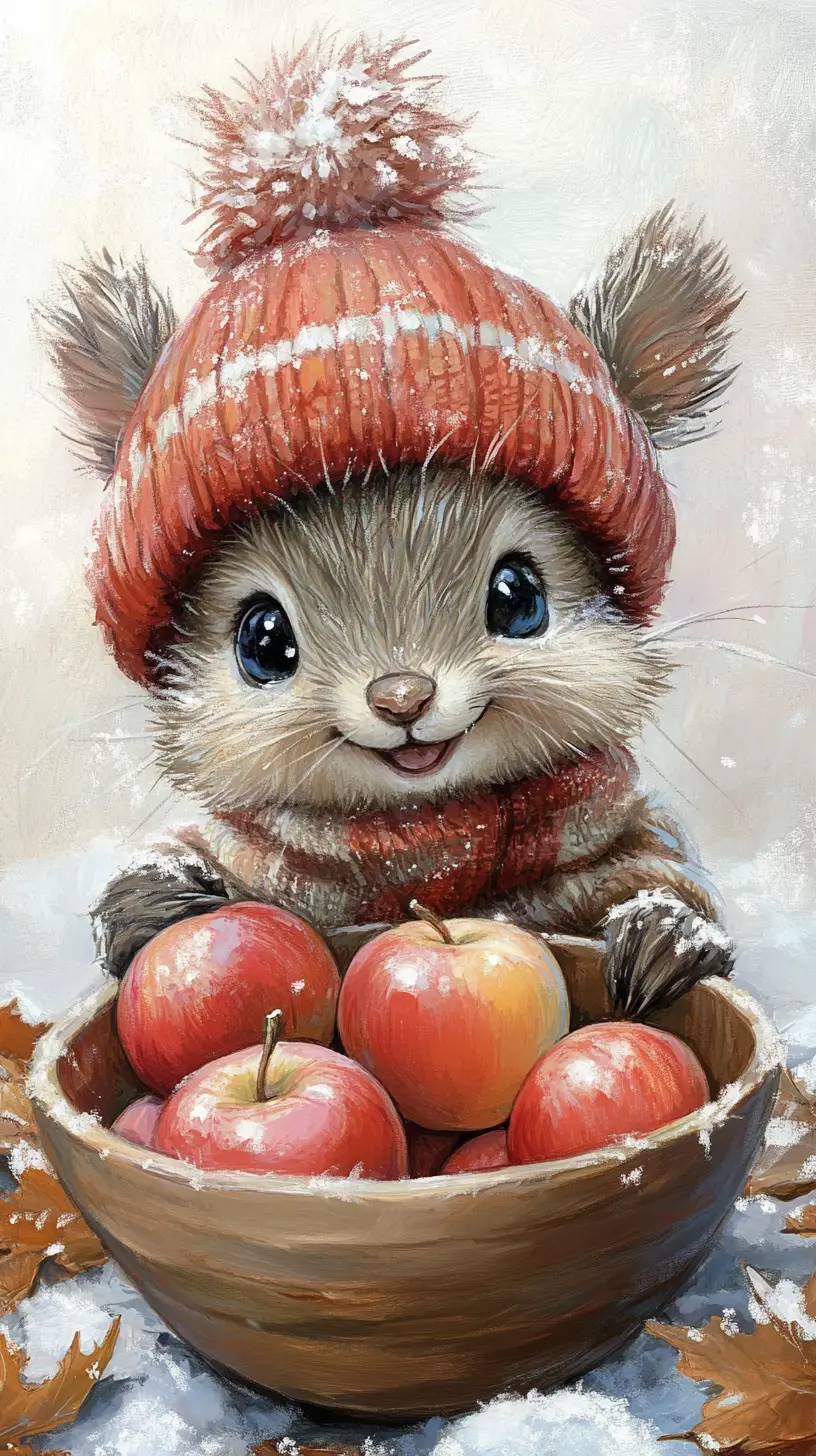 Cute winter animal with pom pom hat and apples