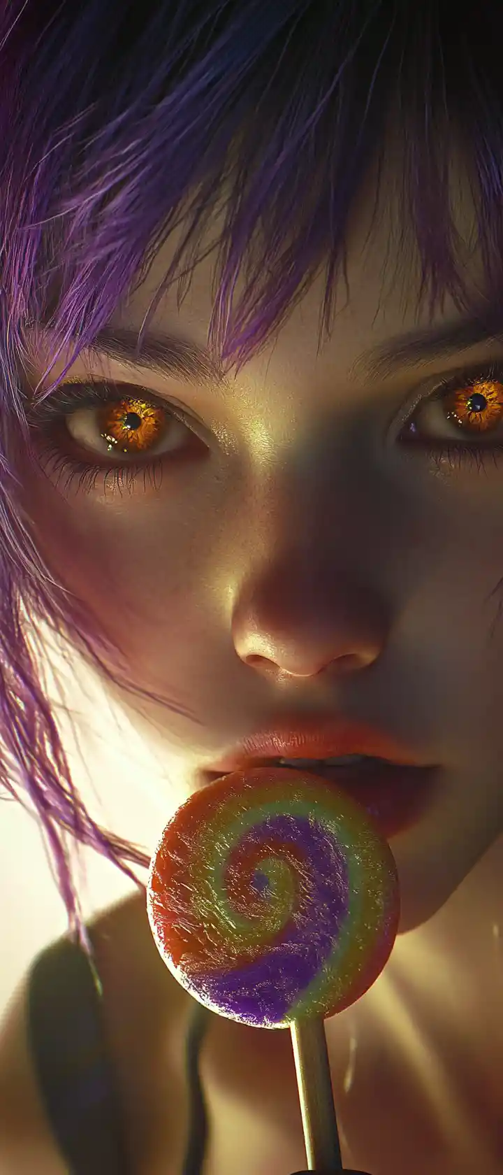 Emo girl close up with lollipop in soft warm light