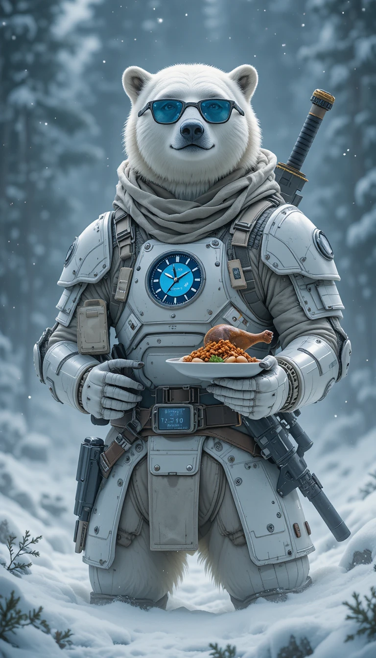 Polar bear warrior in the snow with latte and bento