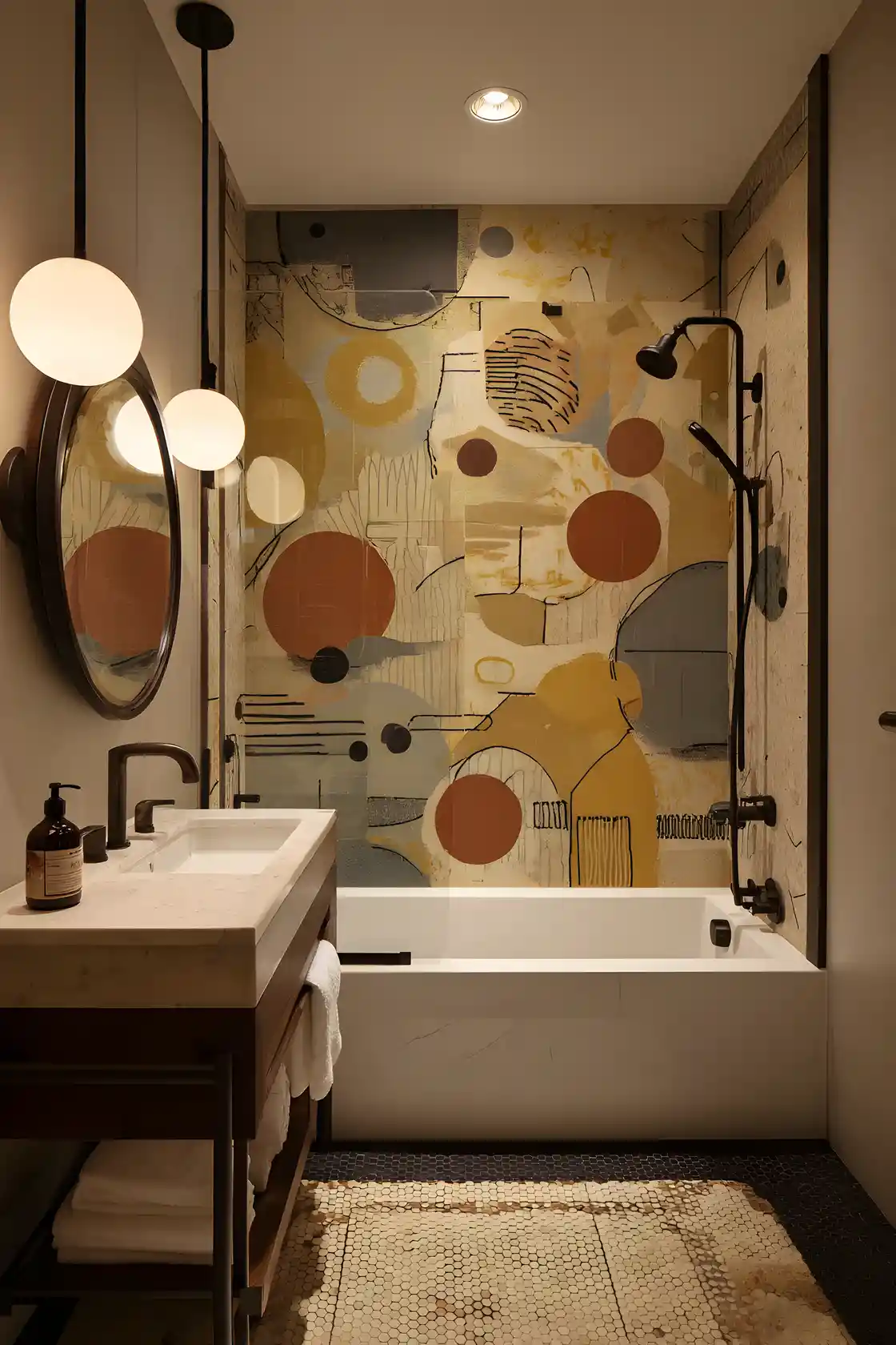 Baño retro moderno con mural dorado abstracto
