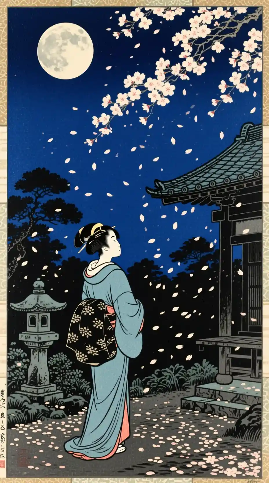 Geisha In Moonlit Japanese Garden With Falling Blossoms