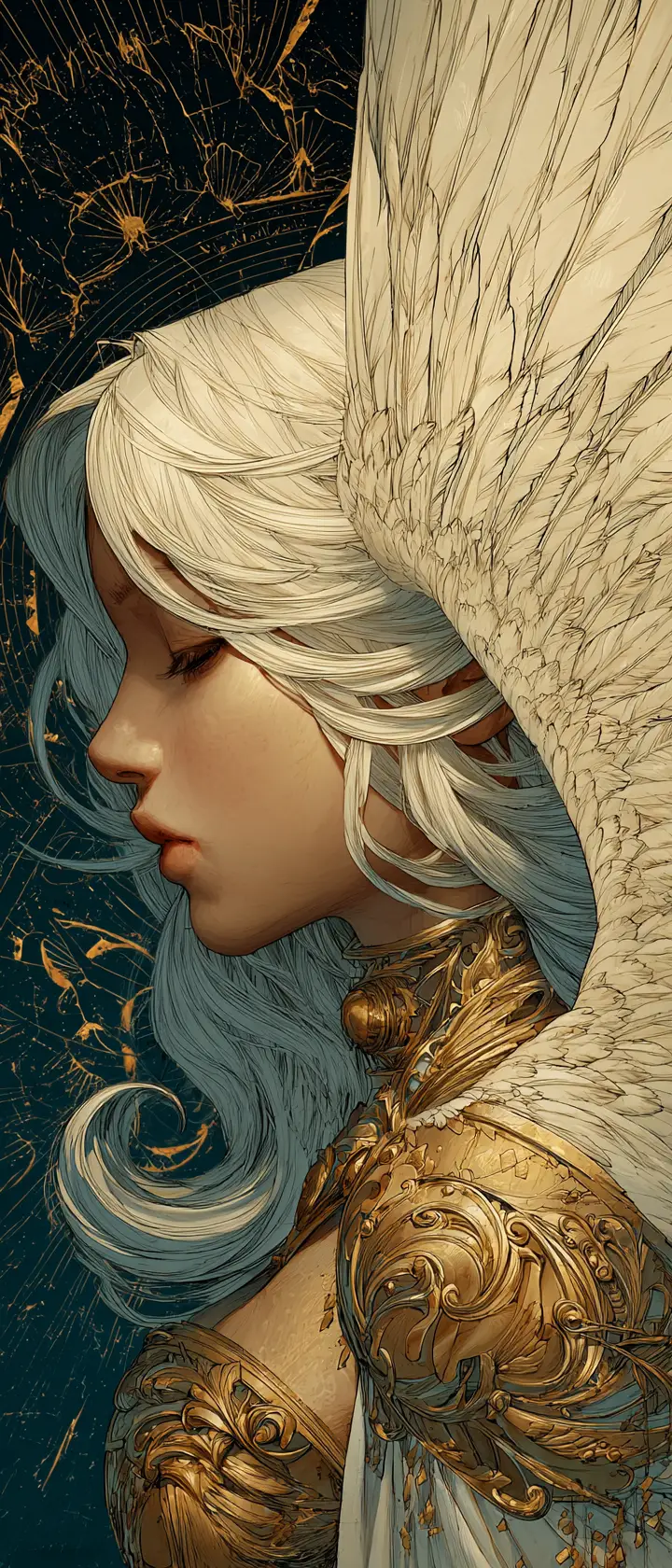 Angel portrait with golden armor and white feathered wings
