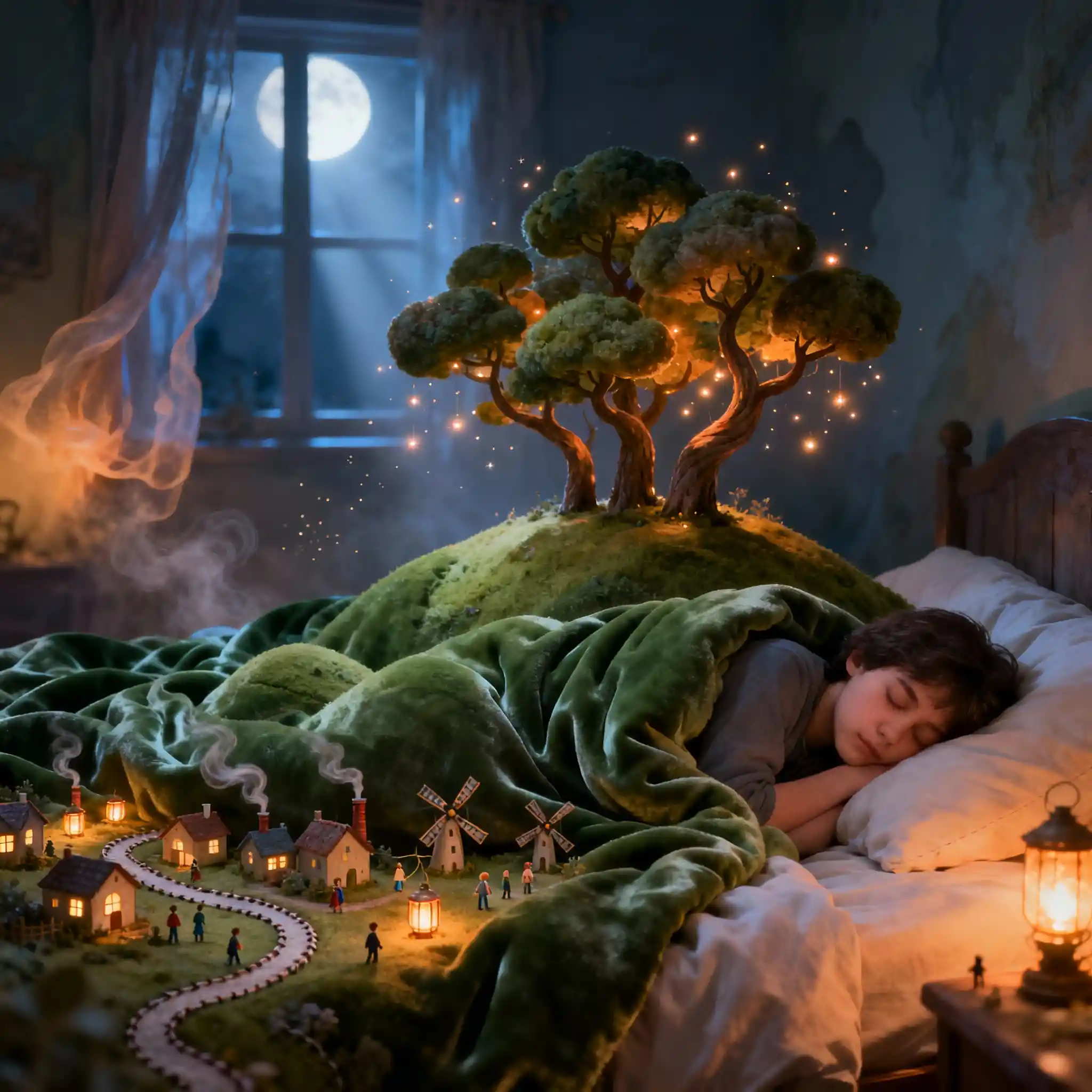Camera da letto tranquilla con colline di coperte da sogno