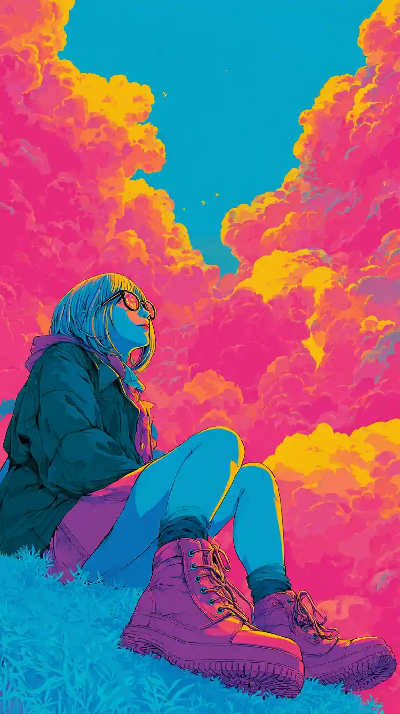 復古動漫少女與超現實霓虹冬日天空