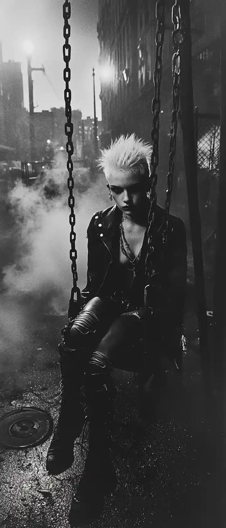 Platinum blonde punk woman on a swing in city playground