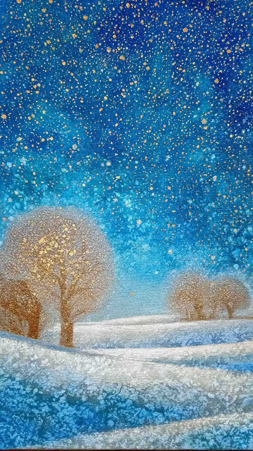 Paesaggio innevato sotto il cielo azzurro con fiocchi di neve scintillanti