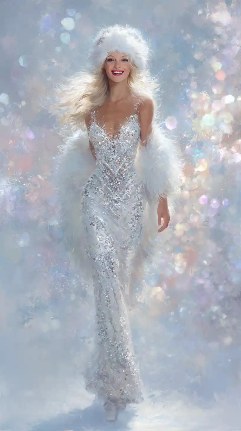 Elegant silver haired woman in sparkling winter gown
