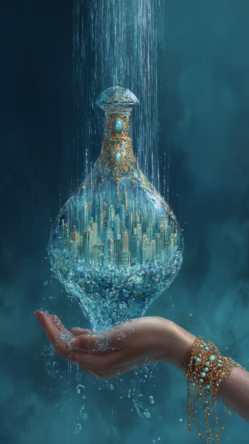 Ethereal Water City Flowing From A Magical Bottle