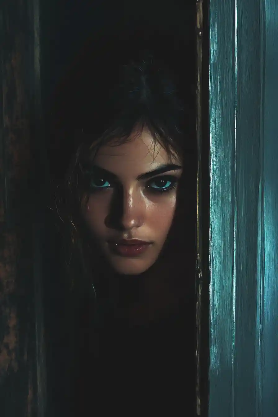 Retrato digital de uma mulher saindo de uma porta escura