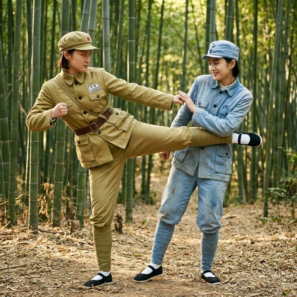 竹林で軍服姿の中国人姉妹がスパーリング