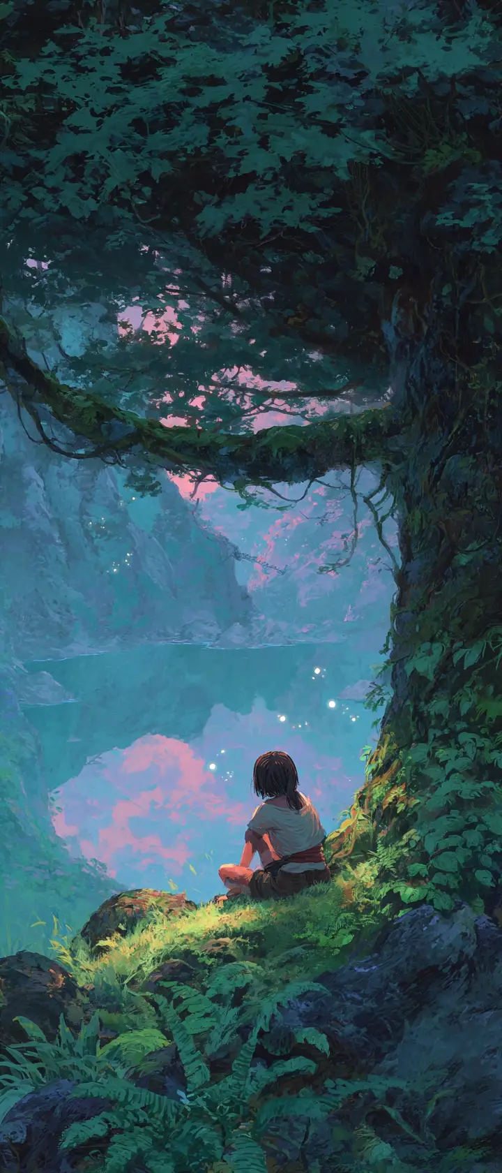 Lonely anime girl by ancient tree above quiet valley lake