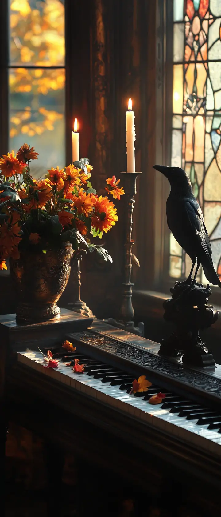 Piano In A Dim Office With Candles And Chrysanthemums