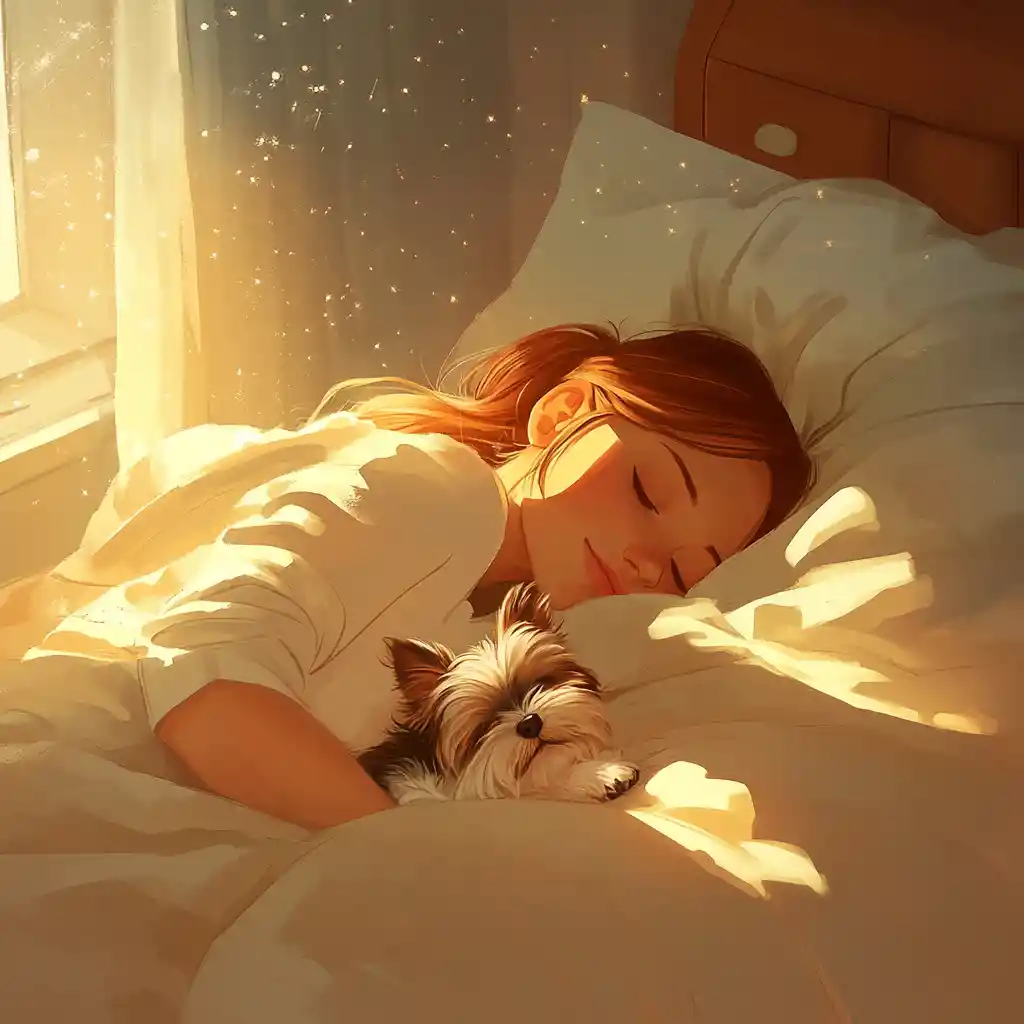 Sleeping woman with yorkshire terrier in cozy bedroom