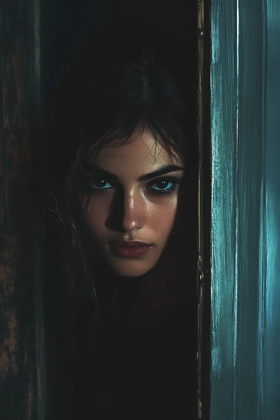 Digital portrait of a woman emerging from a dark doorway