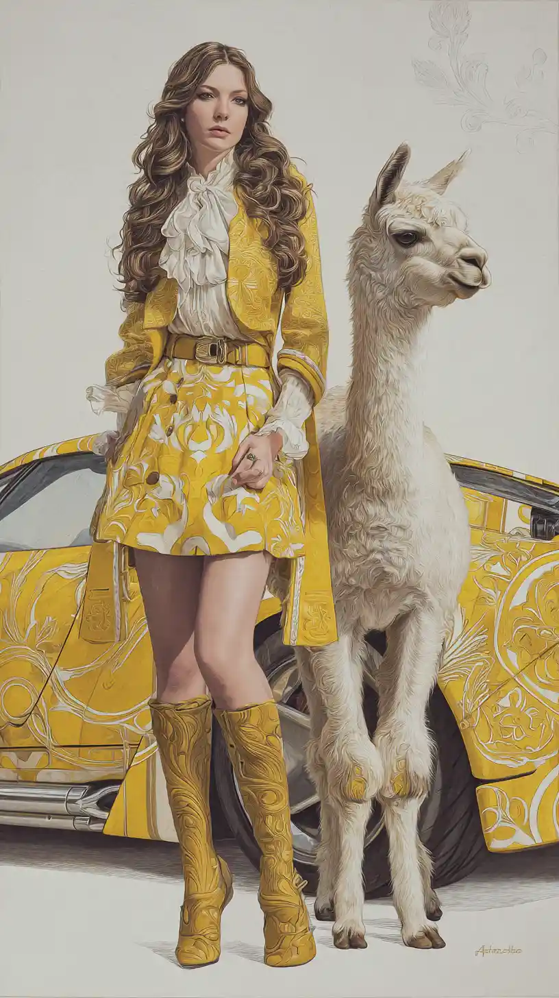 Elegant brunette woman with a patterned yellow sports car