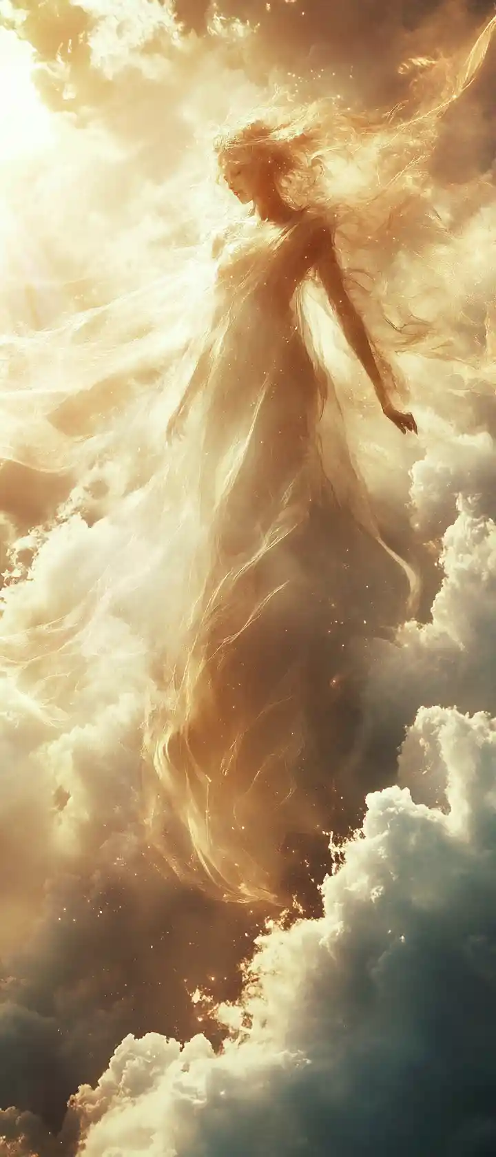 Ätherische Göttin, die über sonnenbeschienene Wolken schreitet