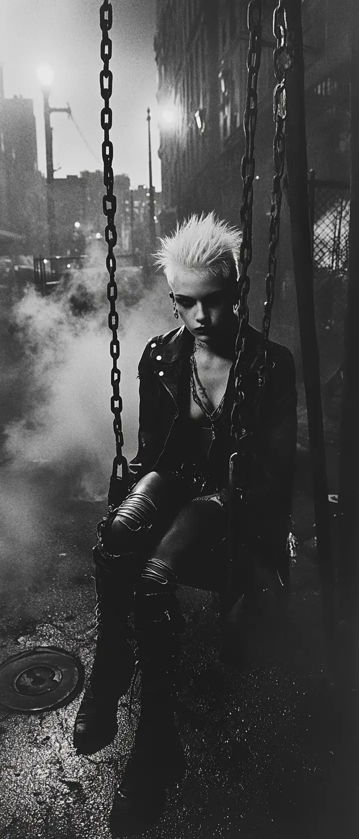 Platinum blonde punk woman on a swing in city playground