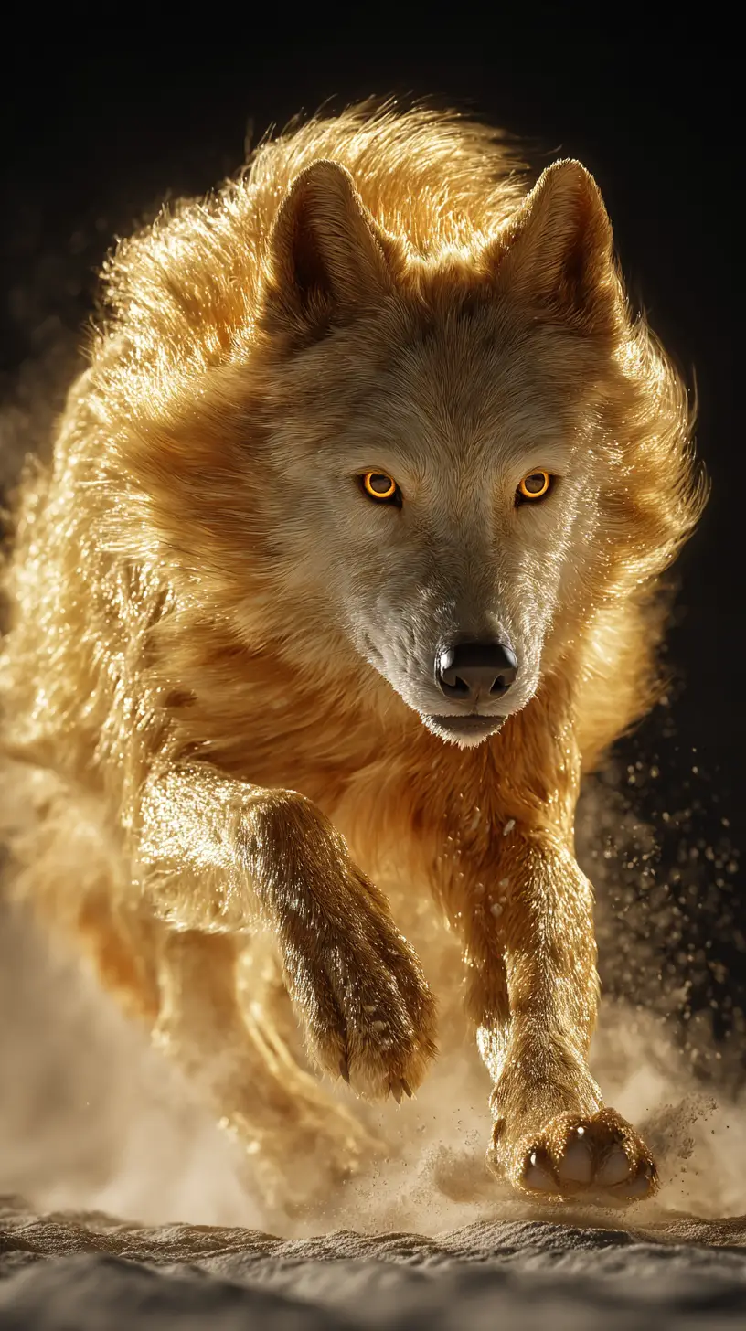 Golden wolf sprinting with glowing fur and fierce focus