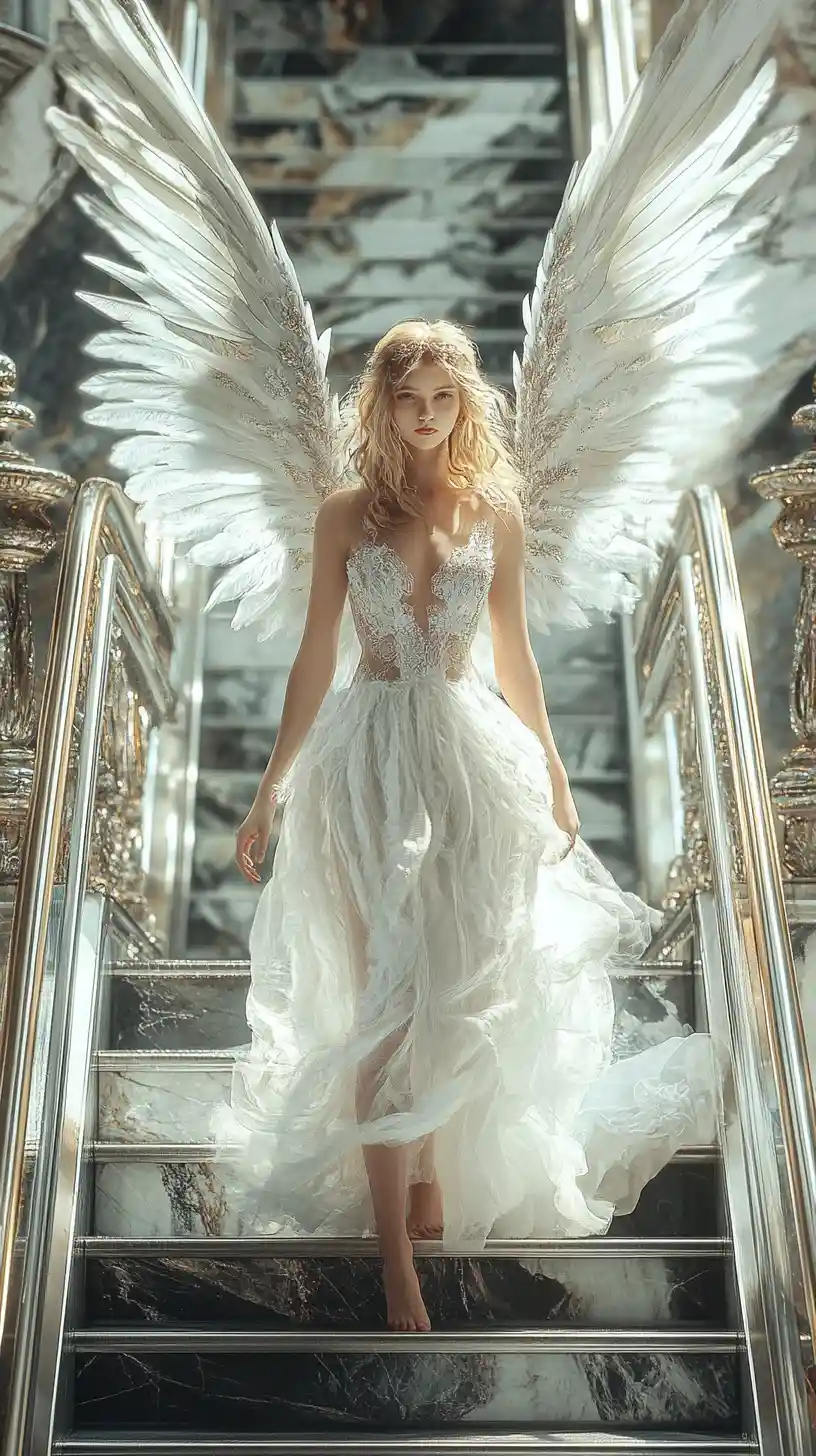 Angel girl with wings standing barefoot on an escalator