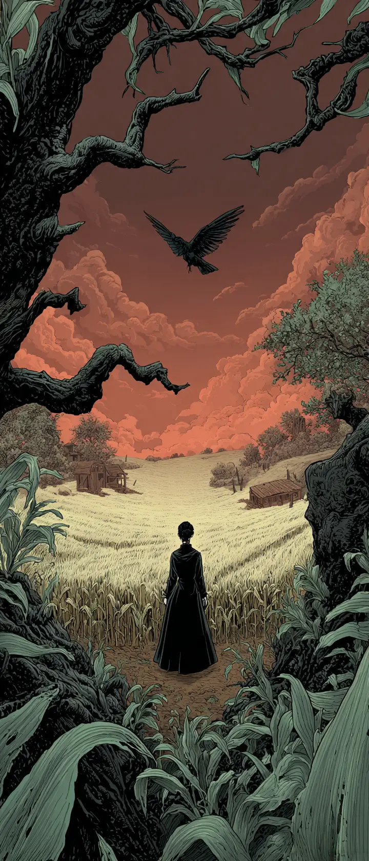 Gothic woman standing alone in an overgrown cornfield