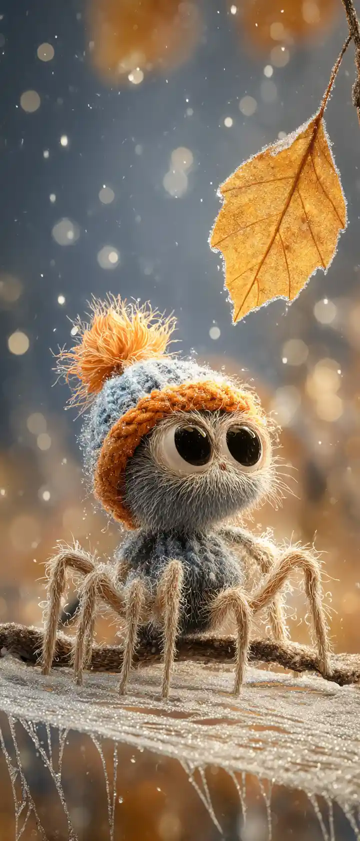 Cute spider in knitted hat on frosty autumn web
