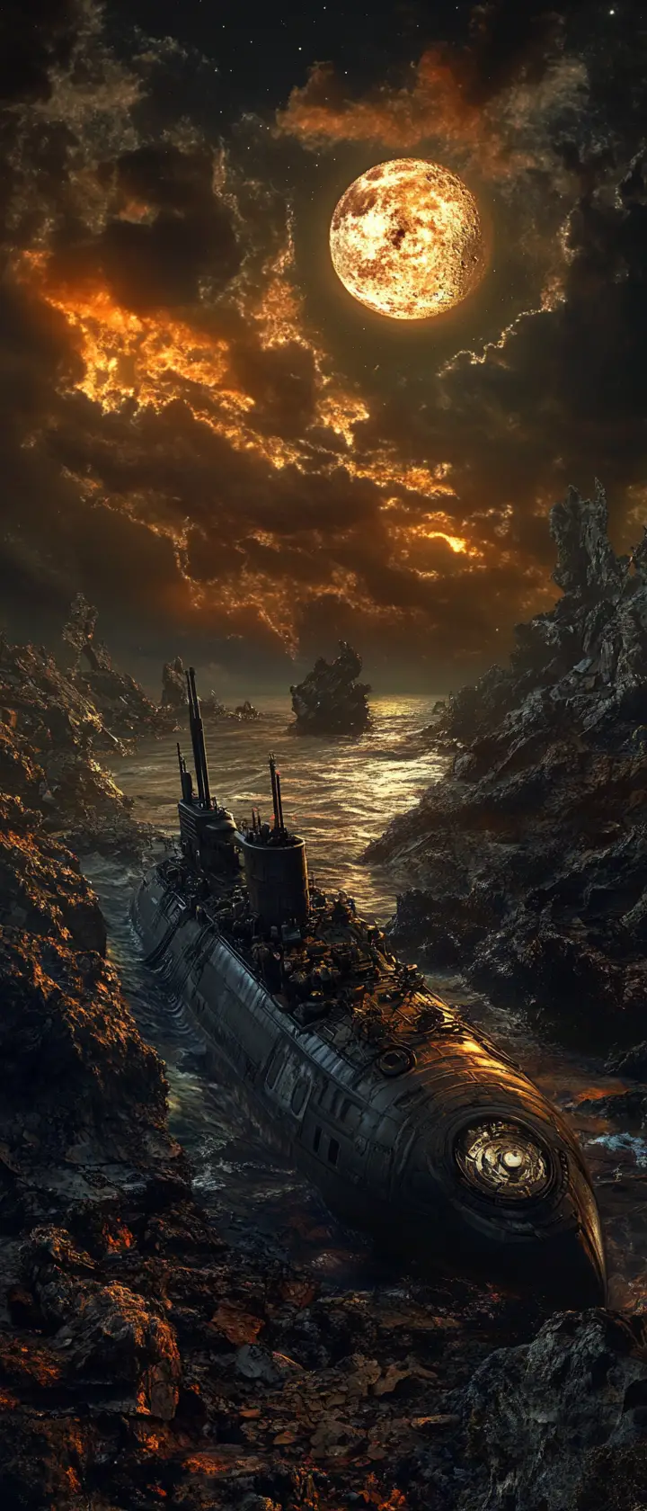 Steampunk Submarine Stranded On A Moonlit Rocky Shore