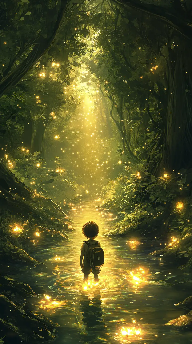 Child walking through glowing forest stream toward light