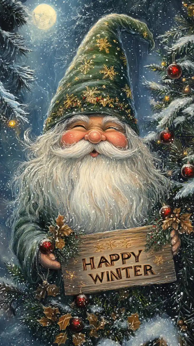 Joyful winter gnome holding a happy winter sign