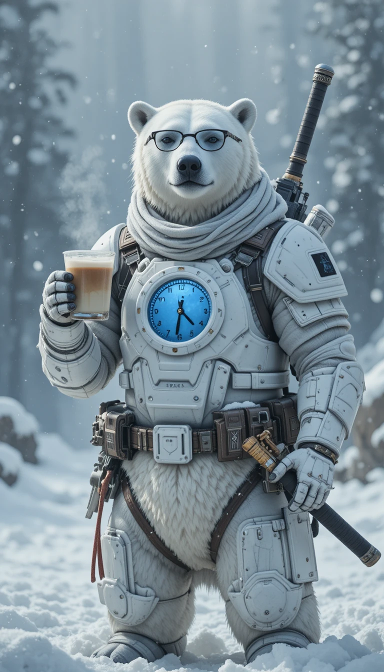 Polar bear in soft white armor standing in the snow