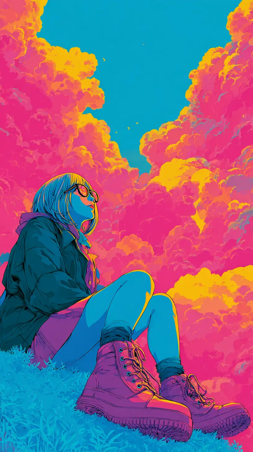 Retro anime girl in surreal neon winter sky