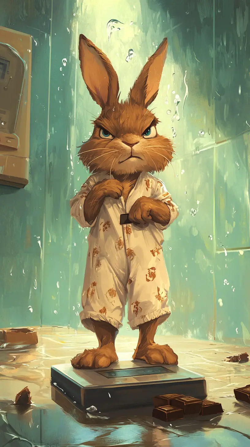 Grumpy rabbit checking weight on scale in pajamas