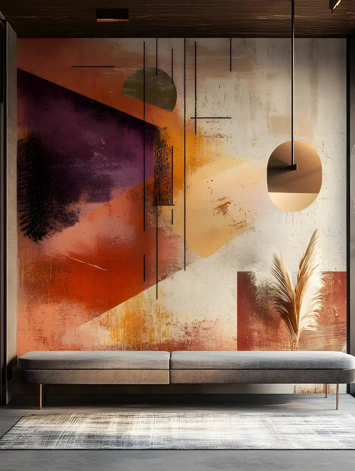 Retro modern living room within abstract mural art
