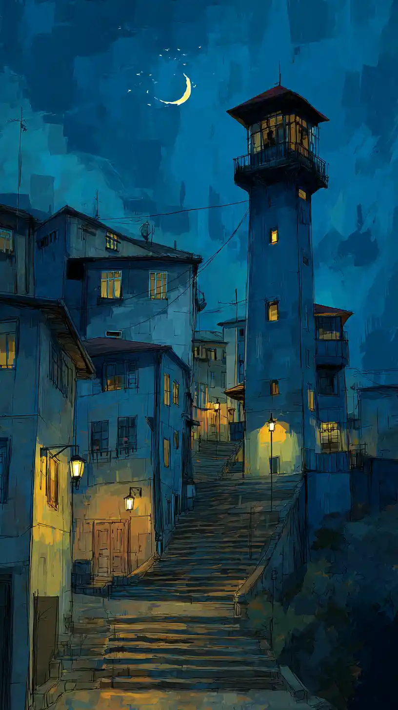 Ville nocturne sur une colline avec tour et réverbères lumineux