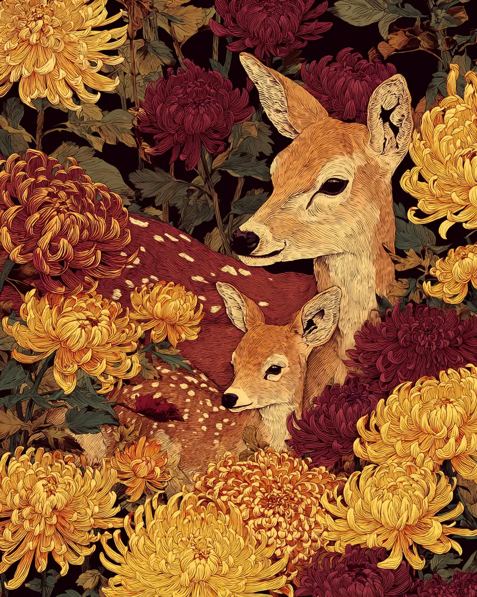 Mother deer and fawn among autumn chrysanthemums