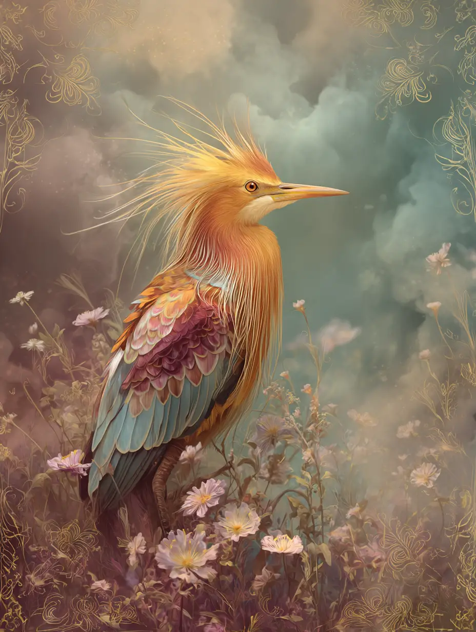Mystical bird in a dreamy wildflower landscape