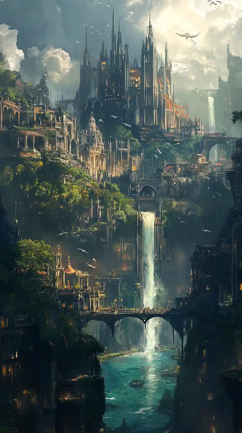 Mystical Gothic Metropolis Rising Above Forest And Sea