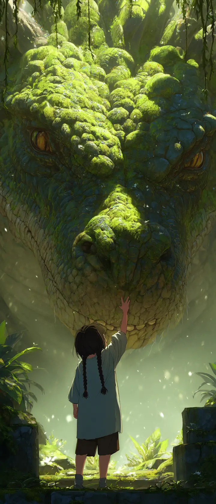 Girl touching a gentle dragon in ancient mossy ruins