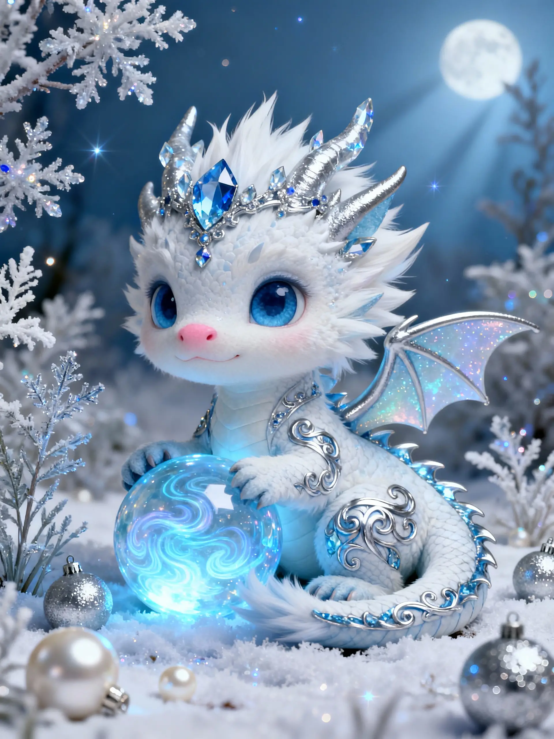 Whimsical Baby Dragon With Glowing Orb In Winter Scene