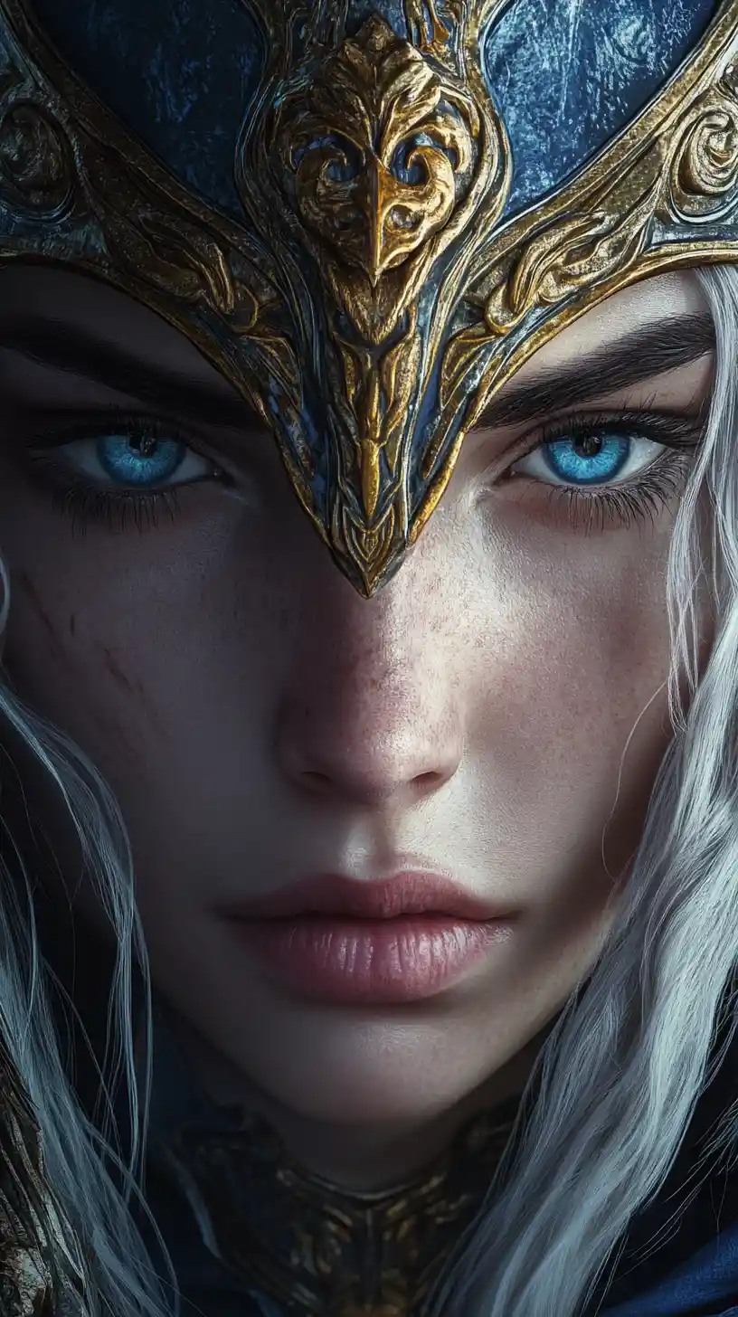 Fierce female warrior portrait in ornate blue and gold helmet