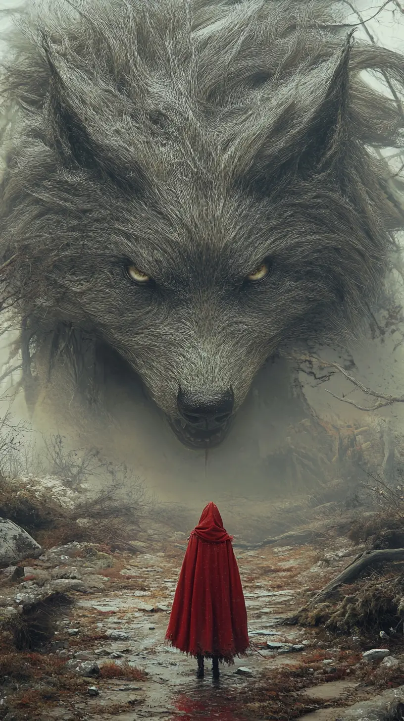 Surreal red riding hood in a mysterious fantasy world