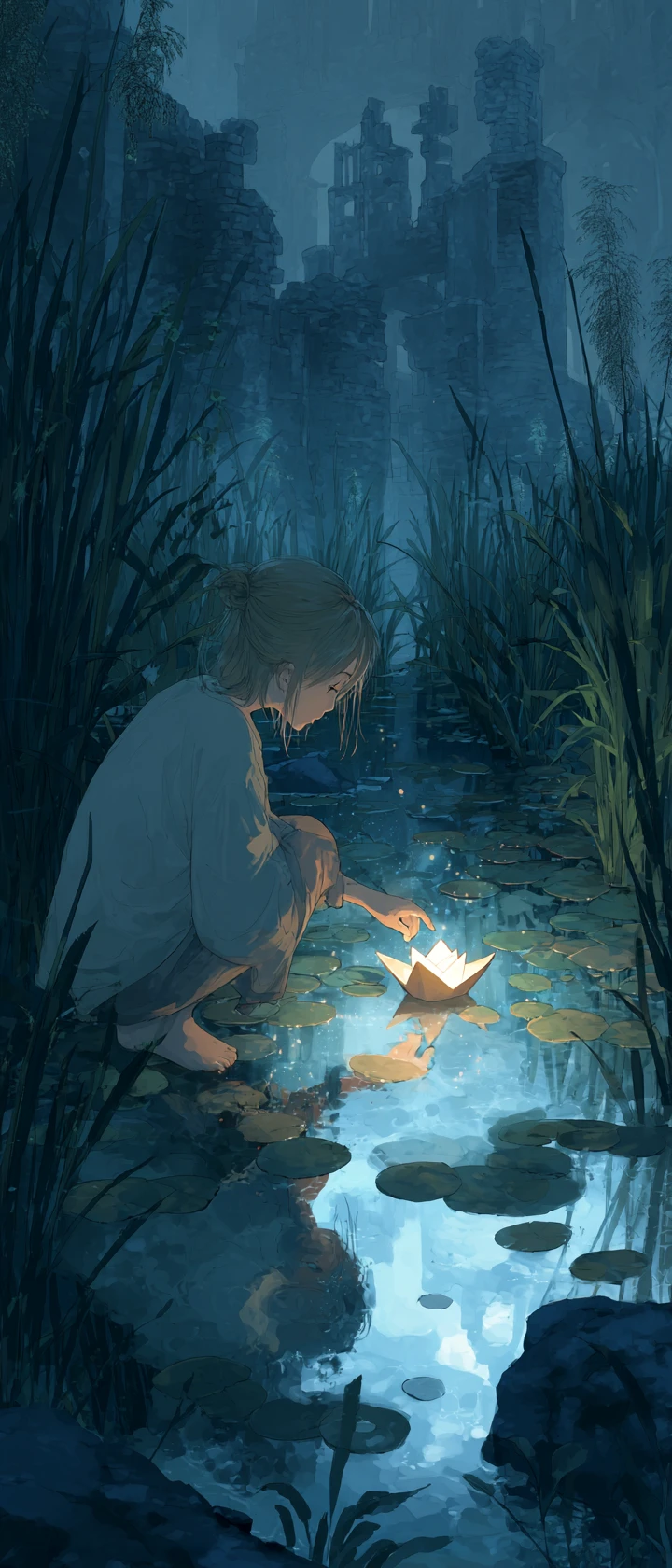 Ragazza che lascia andare una barca dello spirito luminosa su un fiume al chiaro di luna