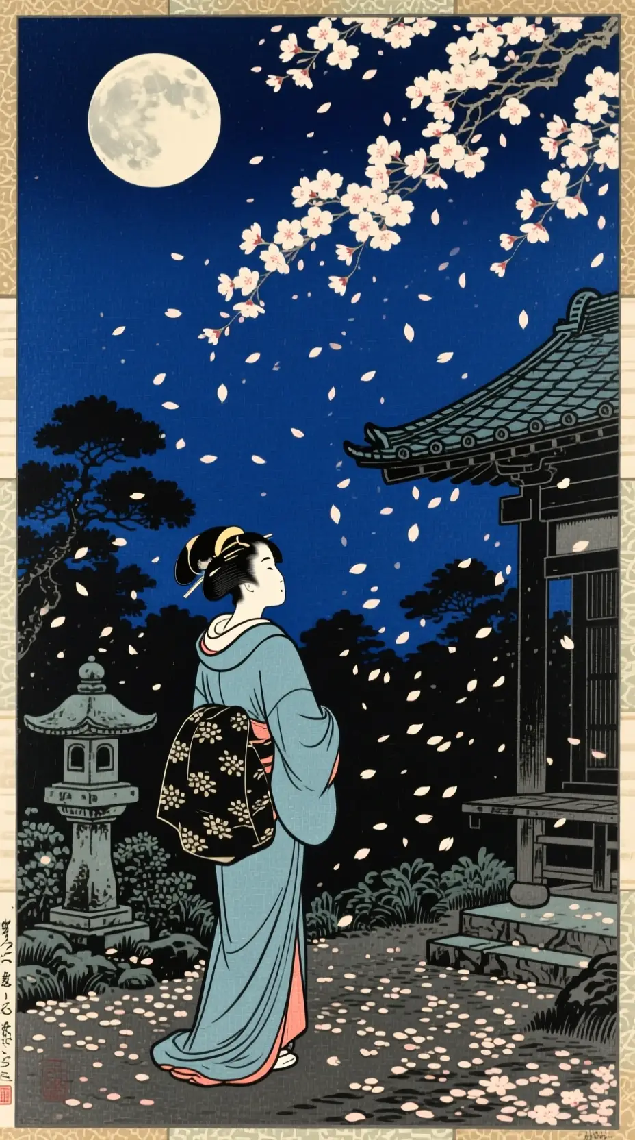 Geisha In Moonlit Japanese Garden With Falling Blossoms