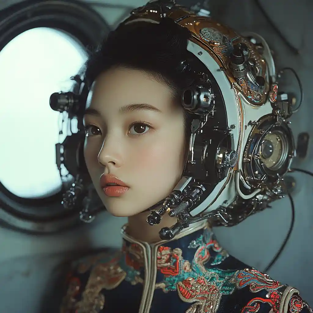 Ritratto futuristico di una donna asiatica con una tuta tecnologica ornamentale