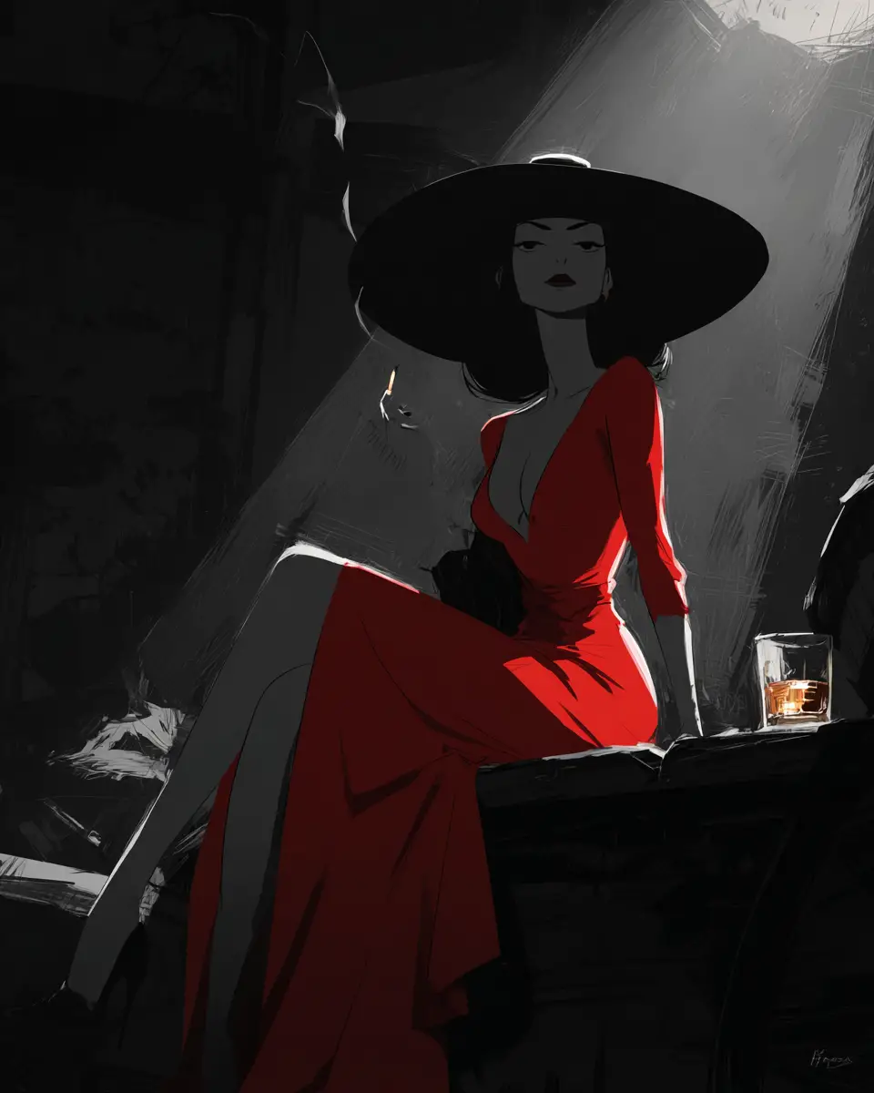 Mysterious woman in red dress at smoky noir bar
