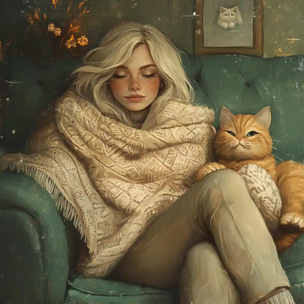 Woman Resting On Green Sofa With Plush Cat Companion