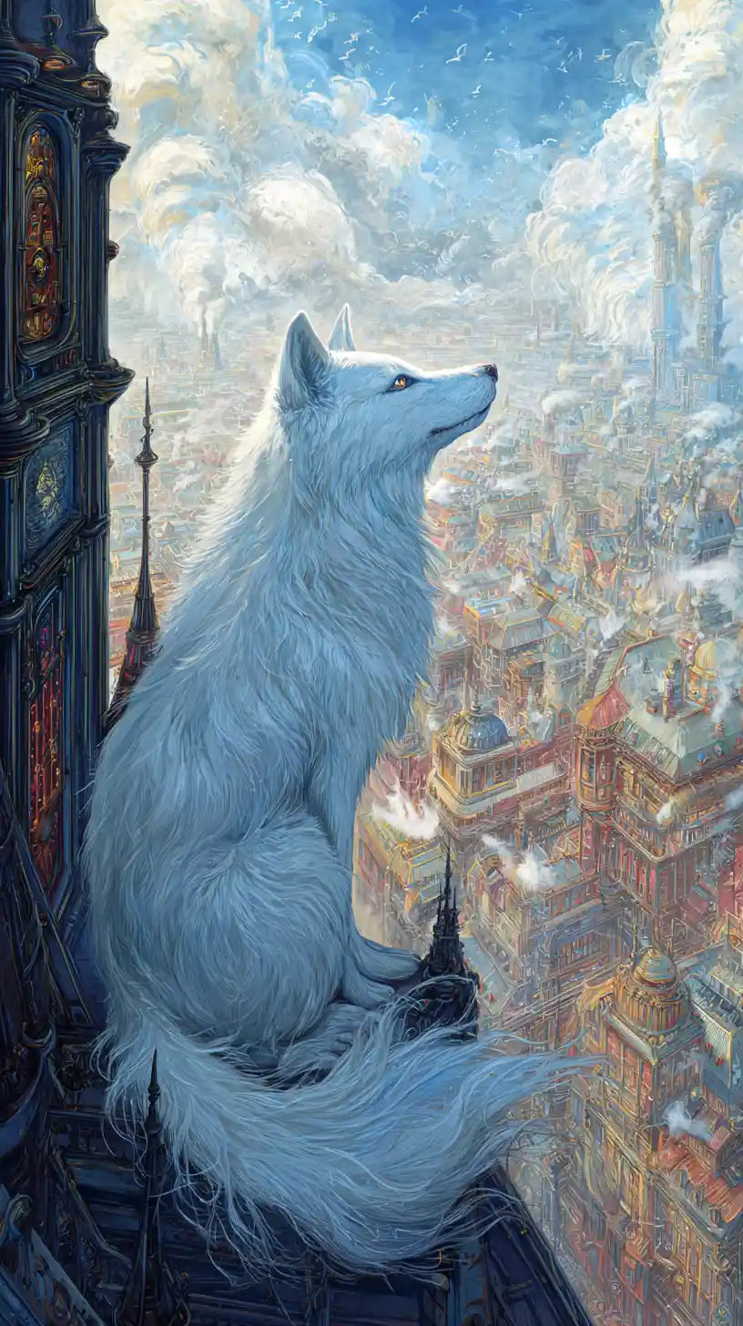 Ancient wolf spirit above a vibrant steampunk city
