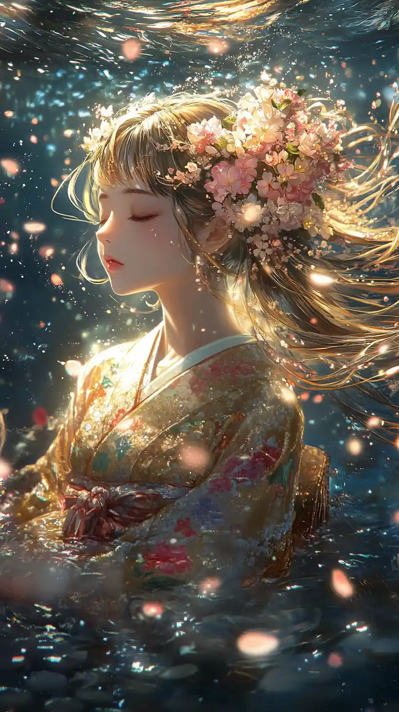 Ragazza anime in kimono floreale sopra acqua scura scintillante