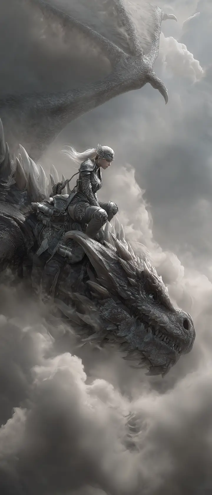 Armored girl riding a dragon through stormy clouds