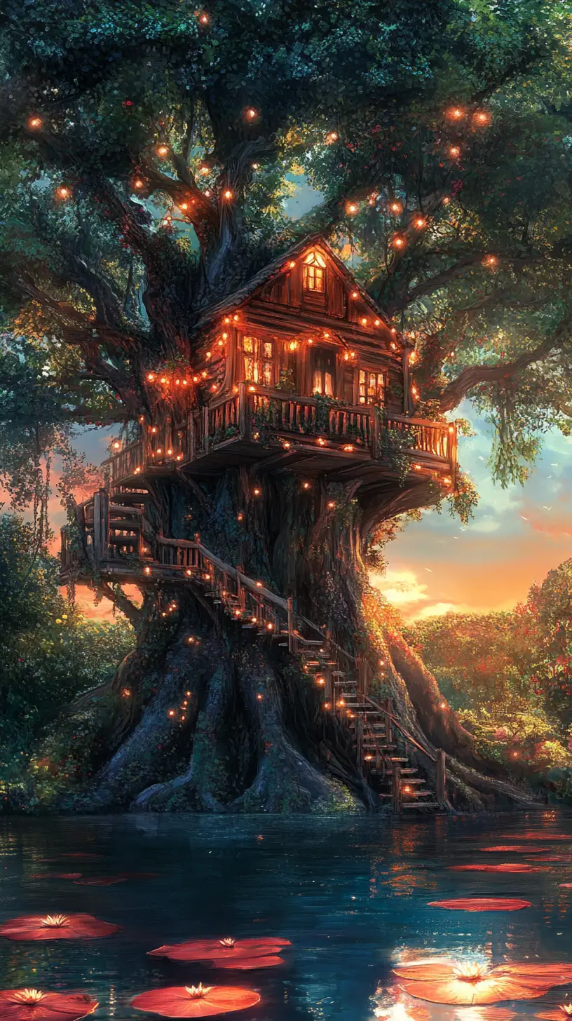 Enchanting treehouse above a tranquil forest lake at sunset