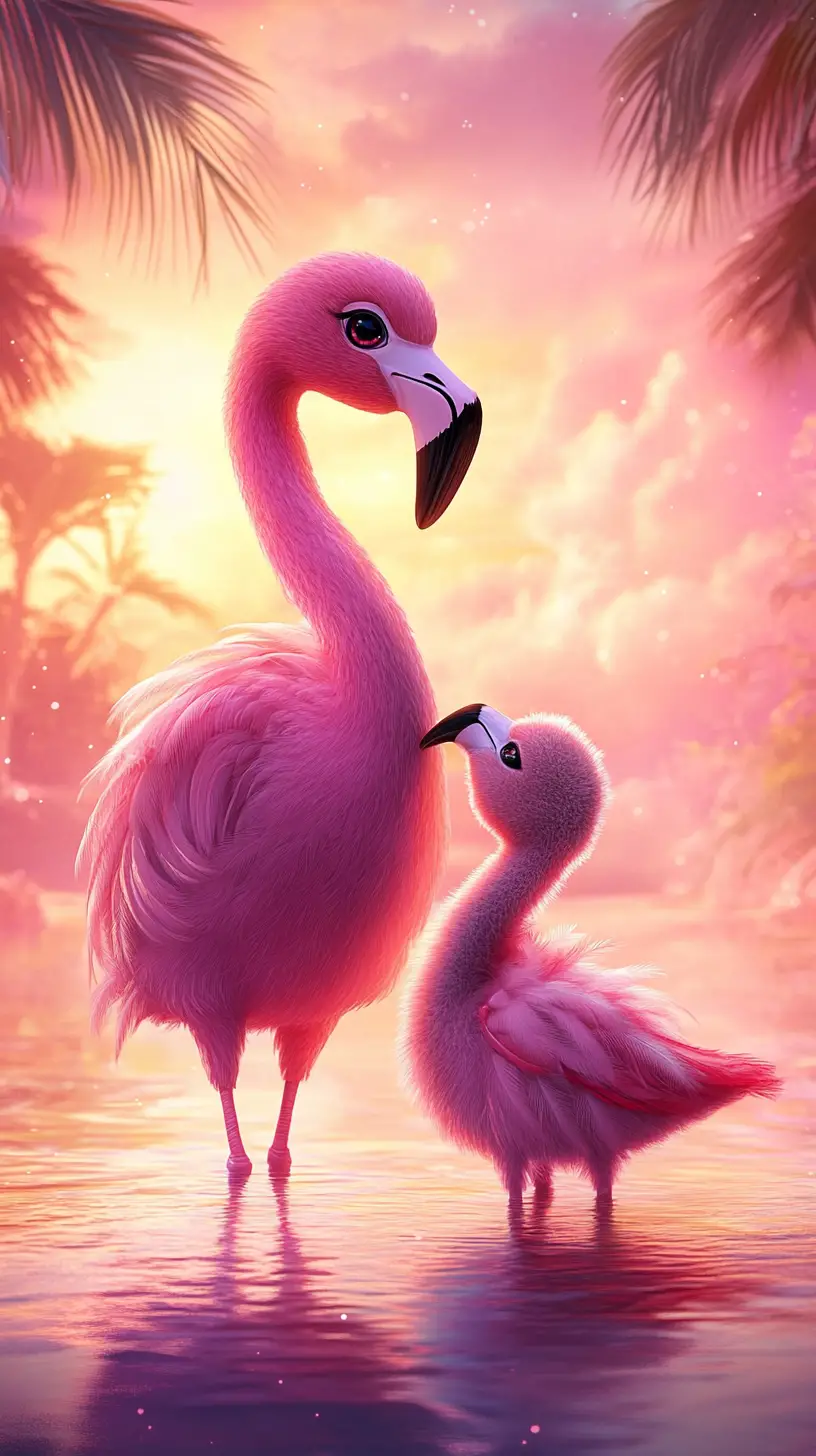 Kawaii flamingo mother and chick at tropical sunset